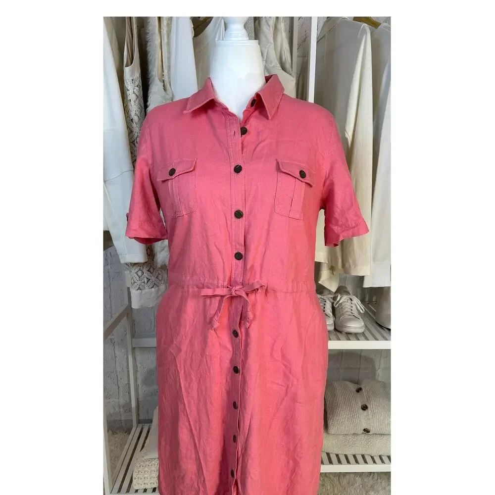 Appleseed’s Women's Size 14 Petite Pink Linen Button Up Shirt Dress #0513 - Picture 1 of 14